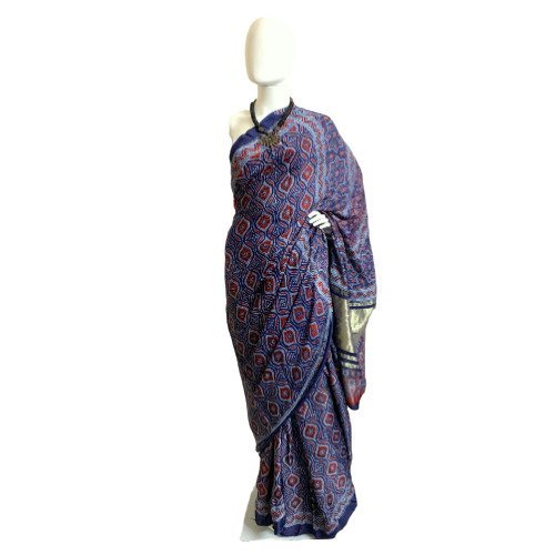 Women's Silk Blend Ajrak Printed Saree with Blouse Piece – Mirchi Fashion